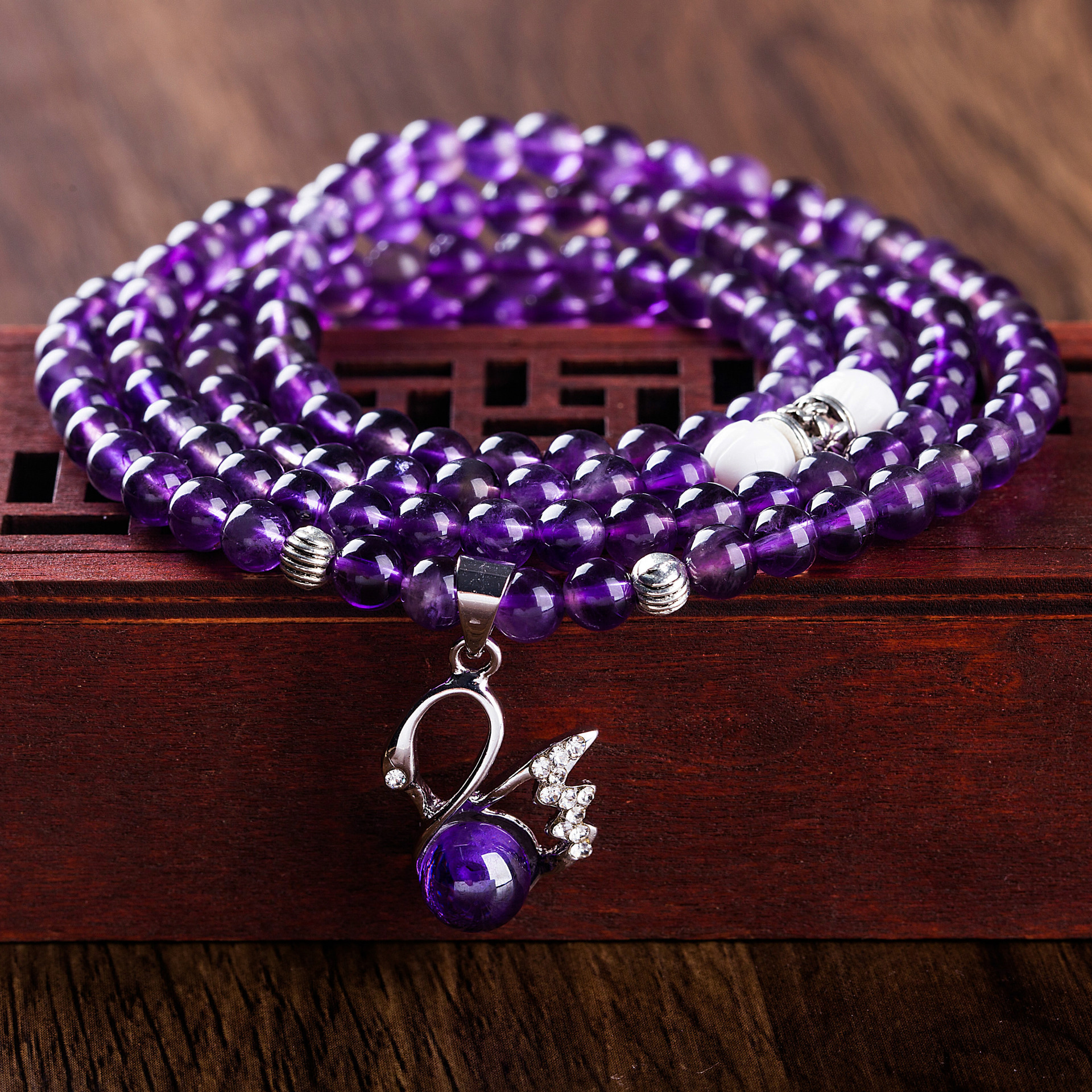 厂家可爱紫刚玉藏银天鹅天然紫水晶手链多层多圈韩版水晶手链批发