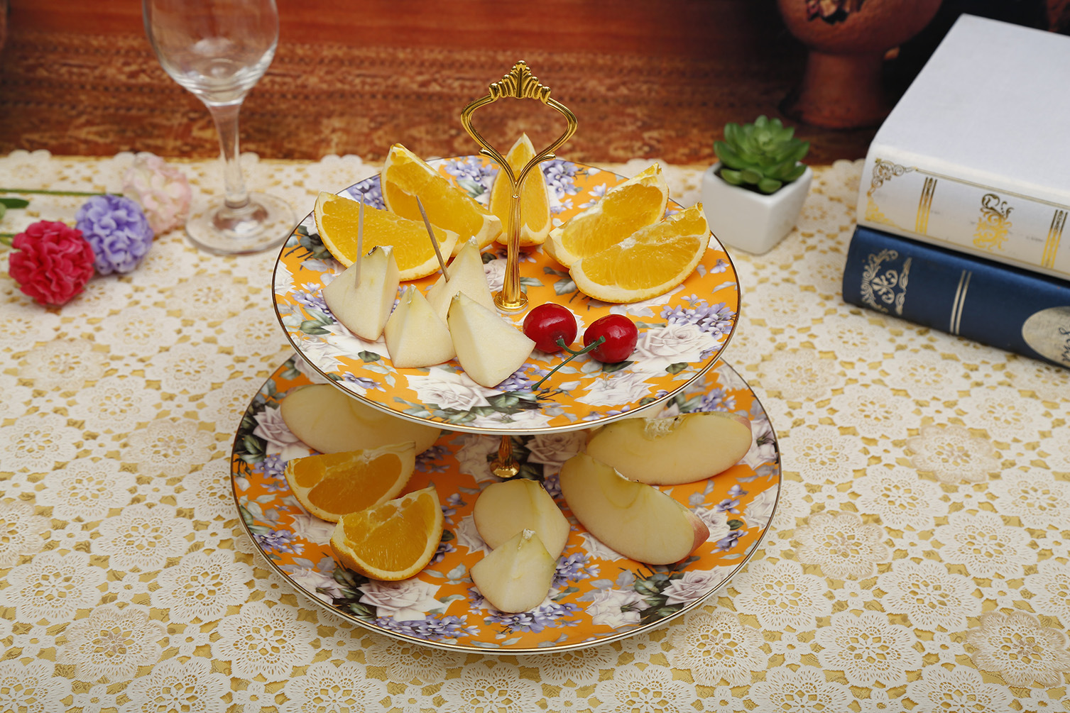 厂家自产自销批发欧式双层果盘蛋糕盘 下午茶点心 骨瓷双层果盘