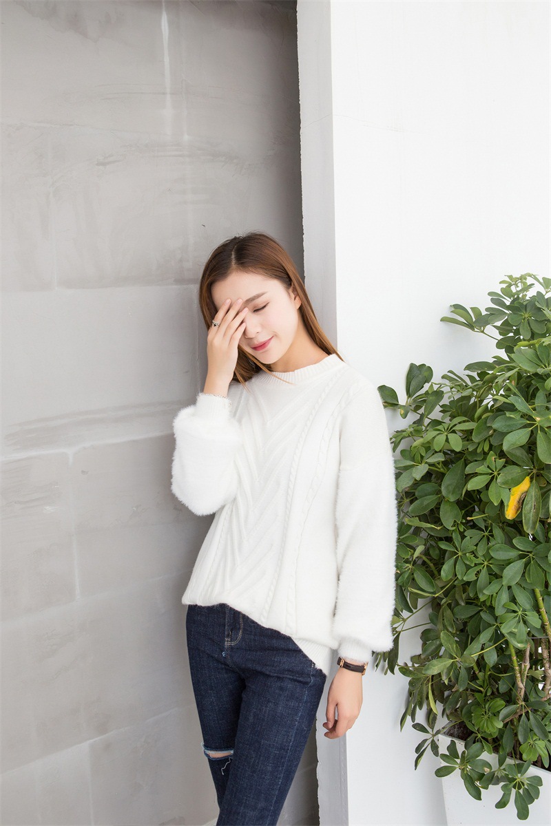 秋冬新款白色拼接高领套头毛衣女宽松套头衫中长款针织衫韩版学生