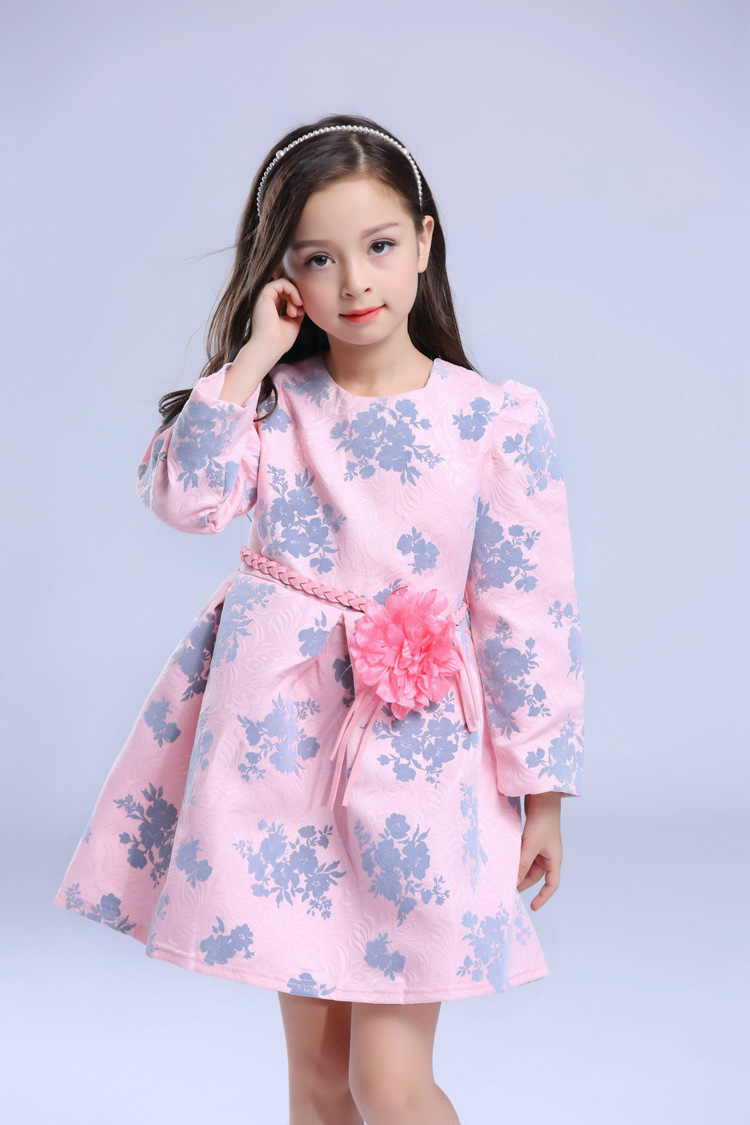 高档印花长袖童裙 配花朵腰带 花童礼服 女 - 中国服装批发交易网