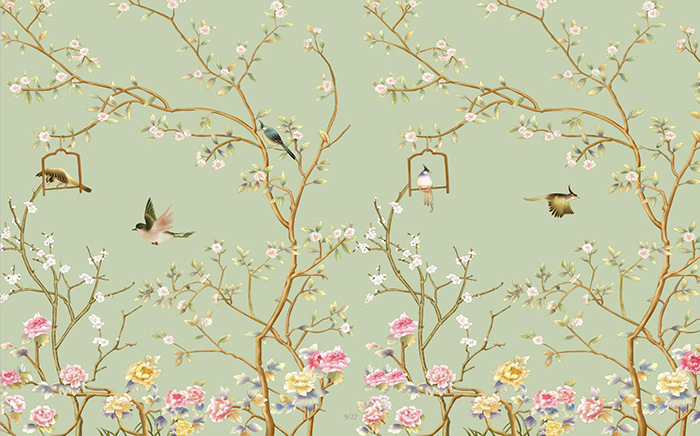 厂家直销现代中式花鸟大型无缝墙布 茶楼餐厅客厅卧室电视背景墙