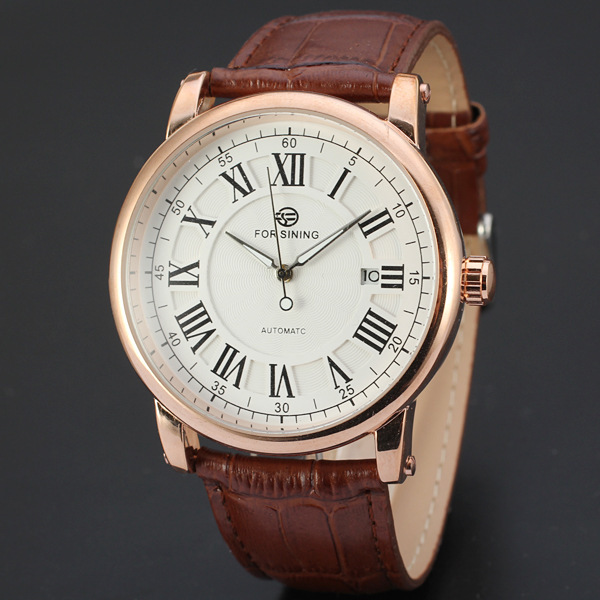 forsining 罗马数字双刻度带日历休闲三针自动机械皮带手表 d193