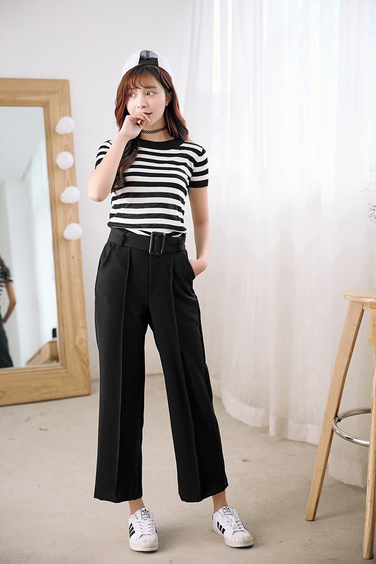 16】2016春装韩版阔腿裤九分裤直筒宽松后松紧宽腿休闲裤子女