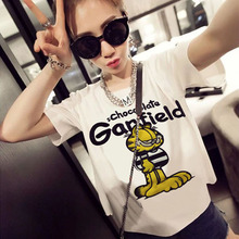 一件代发女装卡通加菲猫印花图案女上衣大码打底短袖T恤批发
