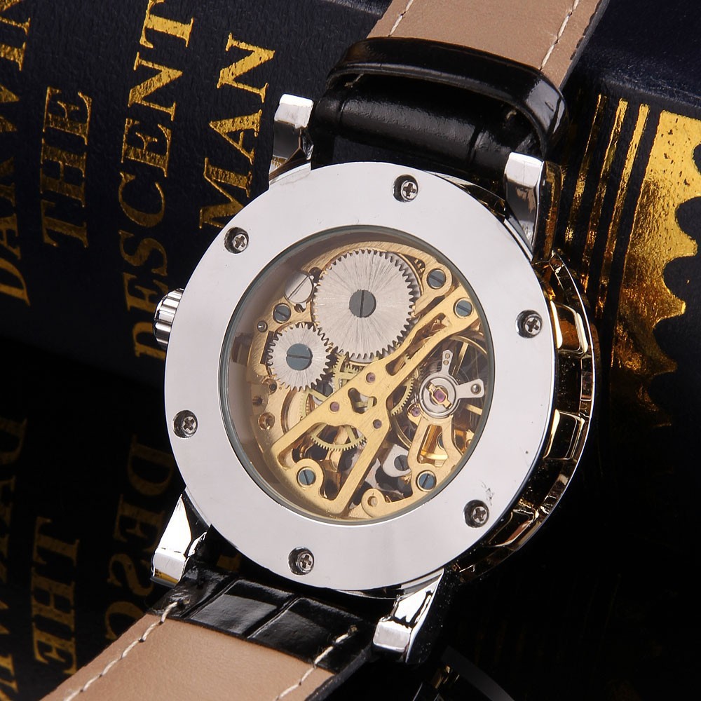 winner机械表 镂空个性透底手动机芯手表 皮带男士休闲时尚手表