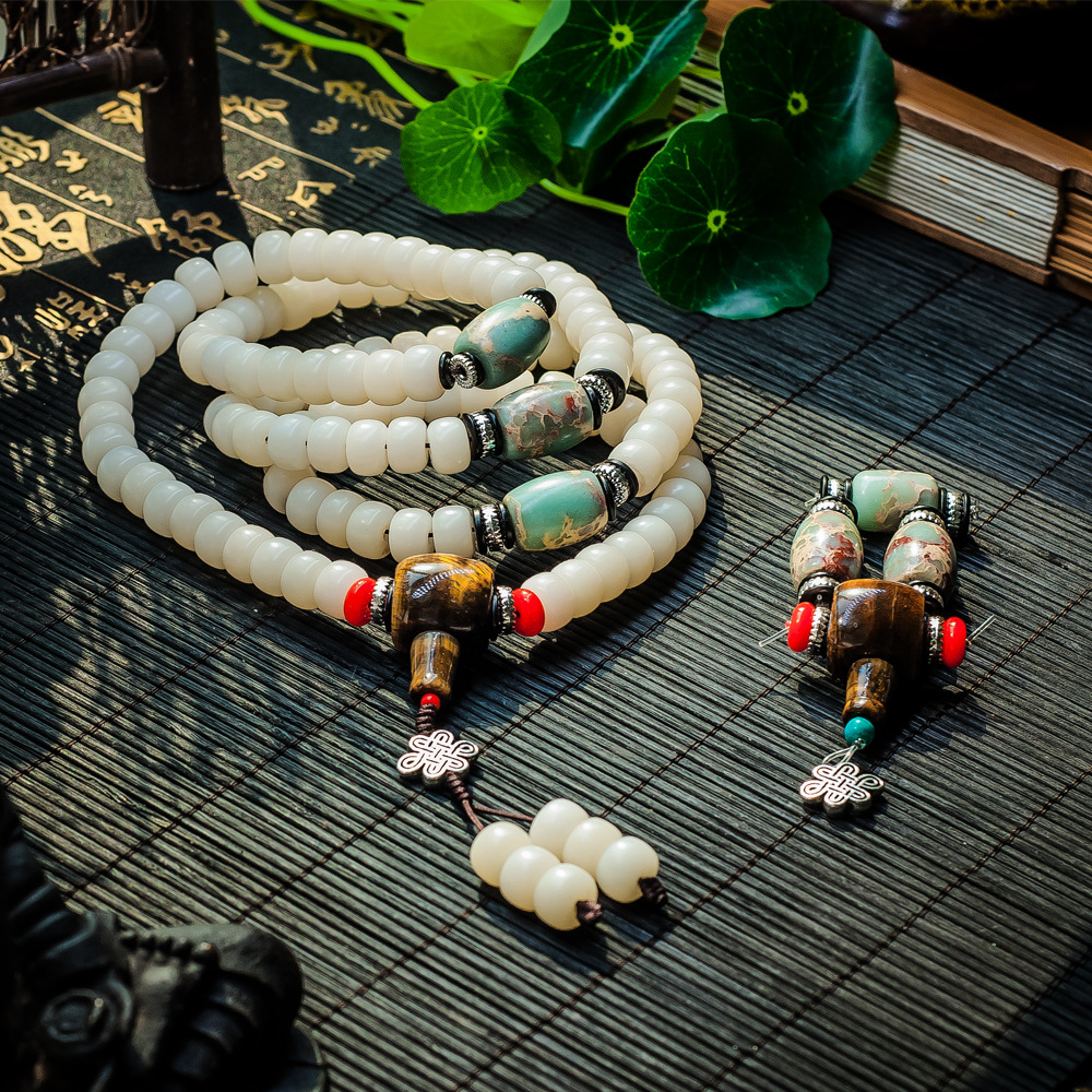 批发精品手作白玉菩提108颗长串混搭寿山石配饰 民族风款