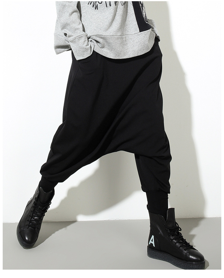 168020#2018春季新款纯色大码女装低裆裤女式松紧腰哈伦垮裤批发