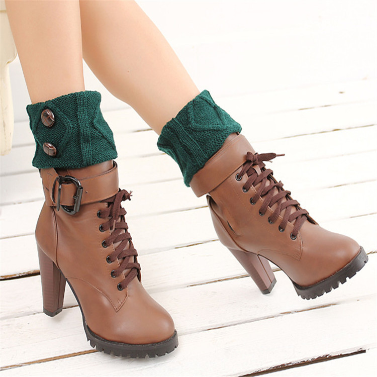 Autumn and Winter Women's Boots Sets of Short Foot Sock Wool Knitted Warm Buttons Booties Mid-Calf Wool Foot Sock Diamond Buckle Foot Sock