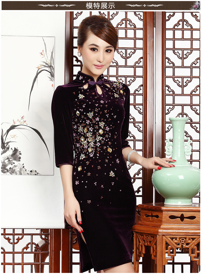 2016新钉珠改良复古时尚琵琶襟金丝绒旗袍连衣裙丝绒旗袍