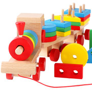 巧之木拖拉三节小火车木制益智拆装拖拉组合形状配对早教玩具