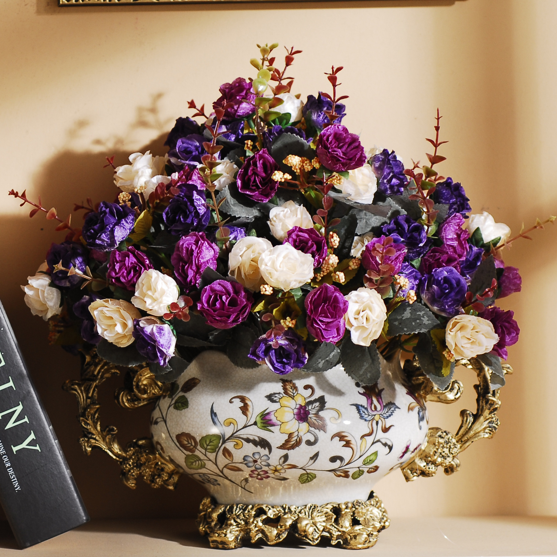 欧式花瓶花插复古陶瓷仿真假玫瑰花套装花艺餐桌客厅家居装饰摆件