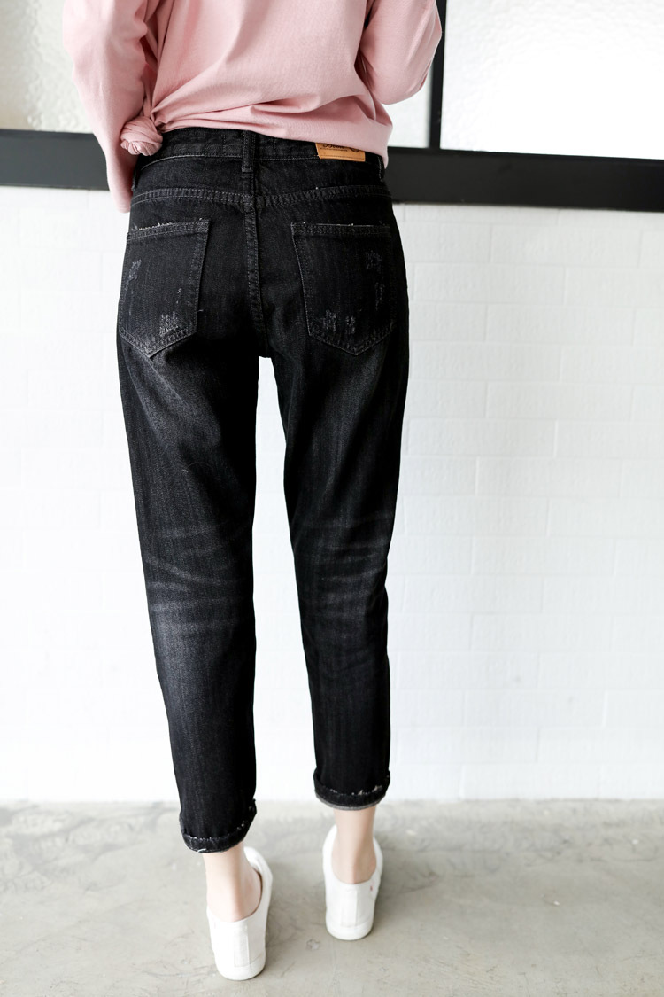 黑色垮裤时尚潮流破洞新款修身显瘦批发九分破洞牛仔裤