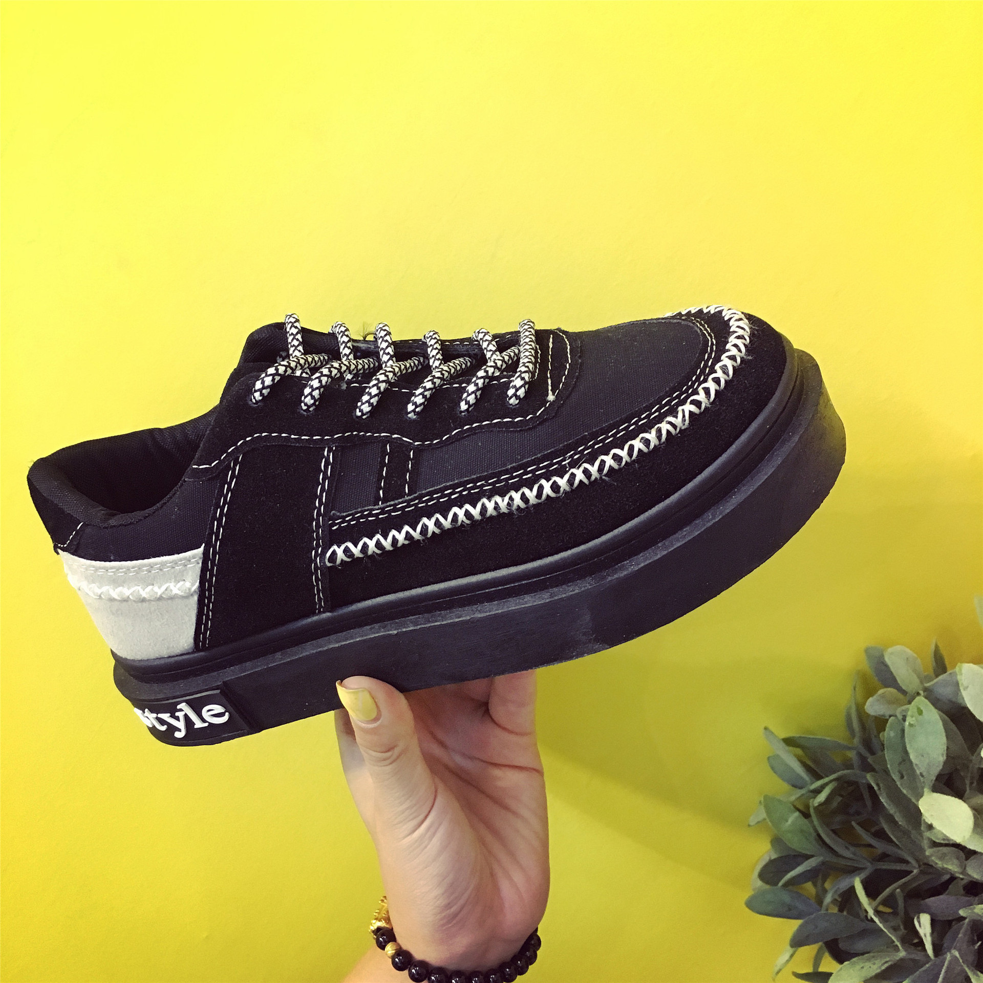 休闲裤韩版马克线运动鞋女平底系带休闲舒适板鞋透气原宿跑步单鞋潮