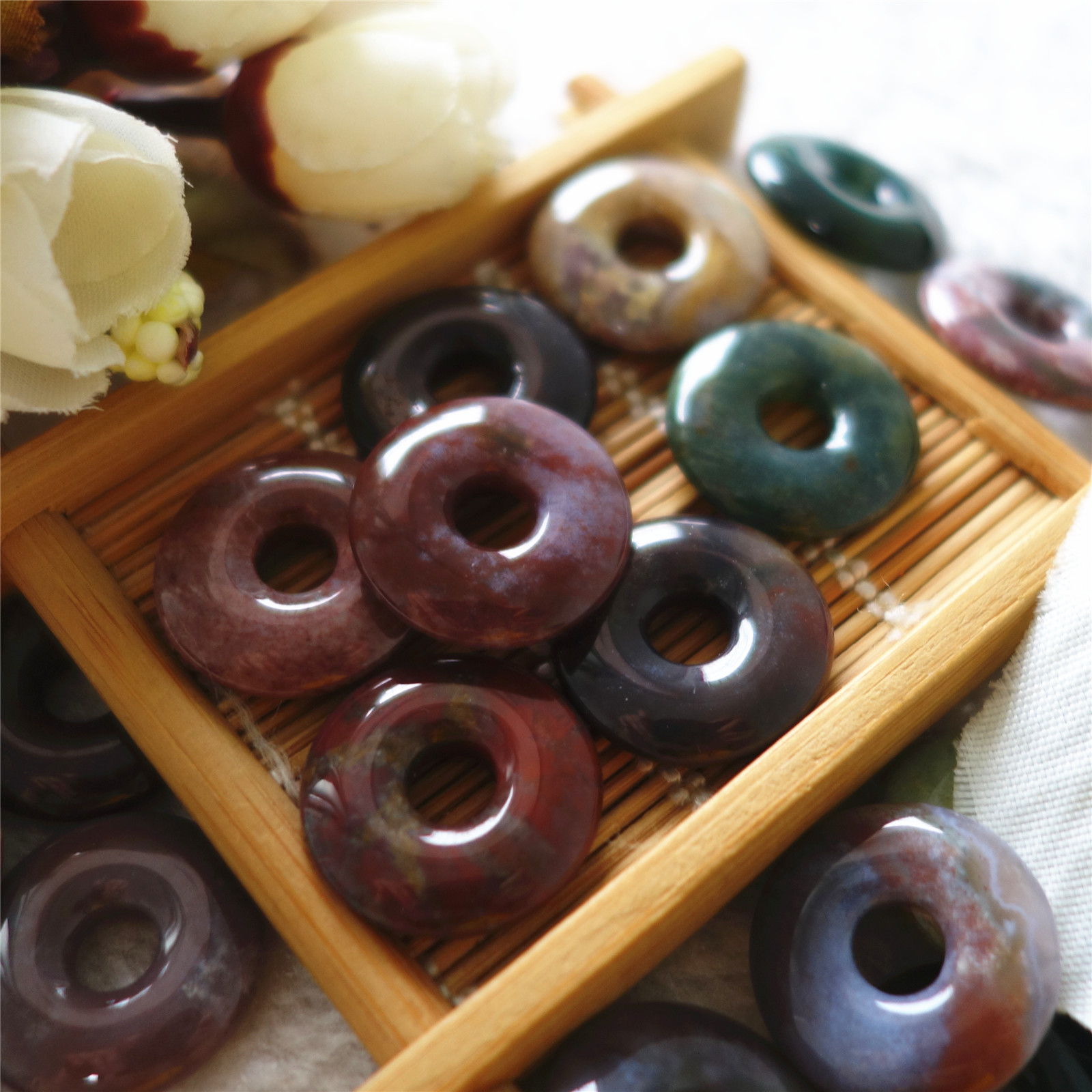 天然七彩玛瑙印度玛瑙怀古平安扣手链耳环吊坠diy饰品配件20mm