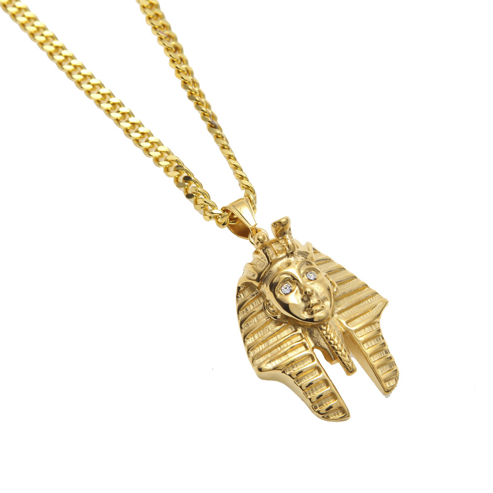 嘻哈不锈钢立体法老头像眼睛镶钻吊坠眼镜蛇造型保色埃及国王项链-阿