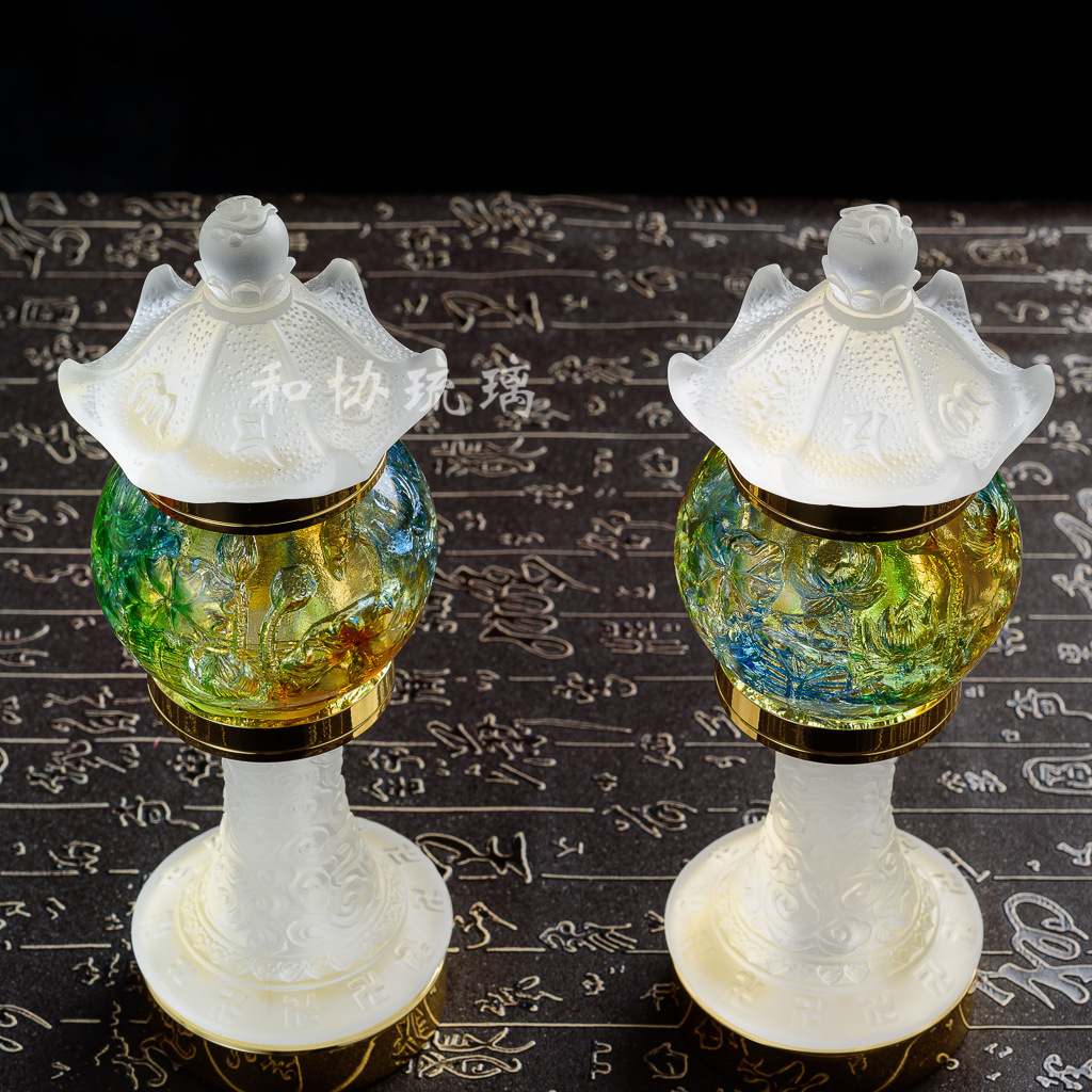 佛教用品厂家新款纯琉璃佛灯 16寸荷花内雕宫灯 琉璃佛灯 琉璃