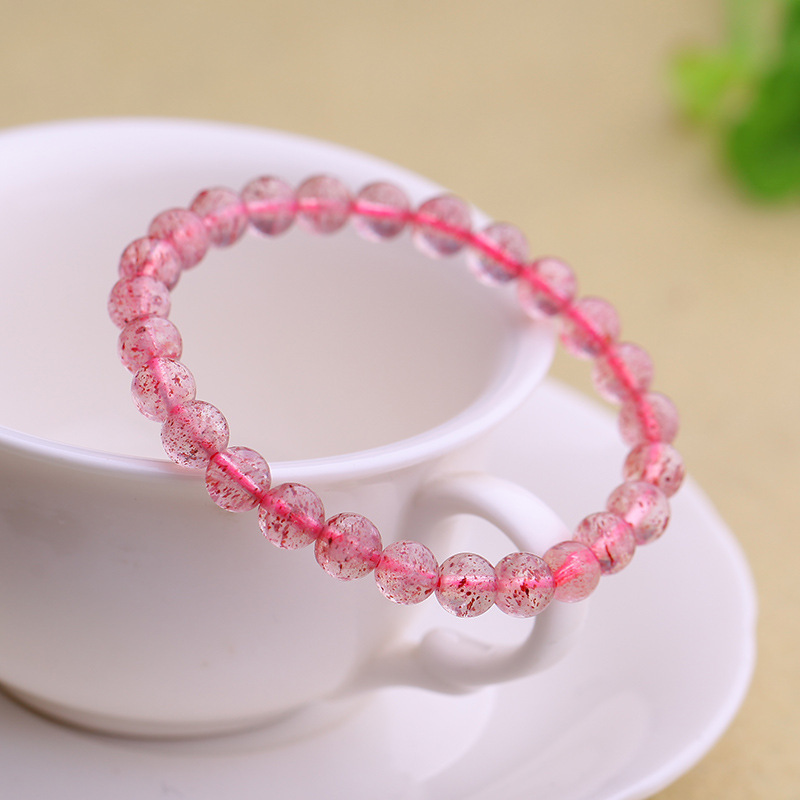 纯天然草莓晶水晶手链单圈 粉色蔷薇晶手串招桃花旺姻缘女款饰品