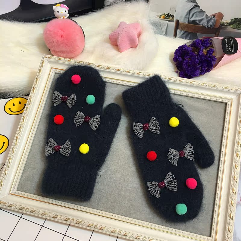 2016新品兔毛连指diy双层保暧手套