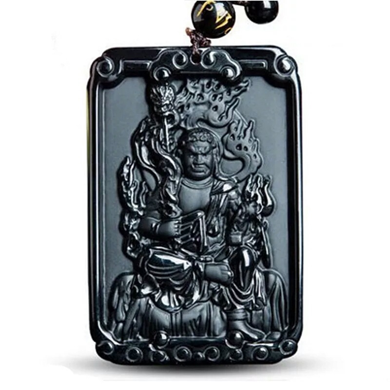 开光不动尊菩萨吊坠 生肖属鸡本命佛 天然黑曜石不动明王男女项链