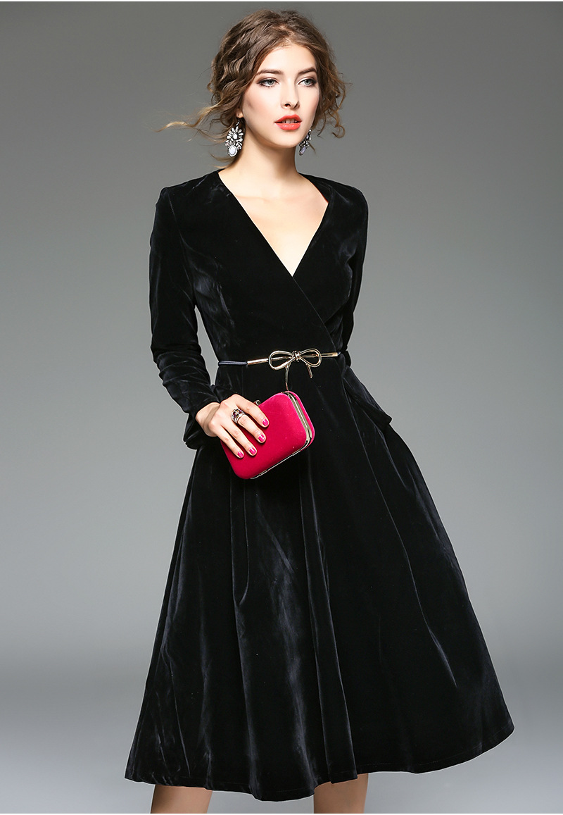 欧洲站女装冬款性感v领长袖收腰修身晚礼服