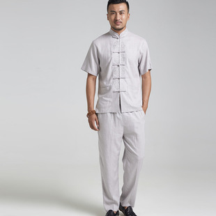 新6 现货直发 亚麻男士唐装短袖套装中国风中老年休闲装上衣 裤子