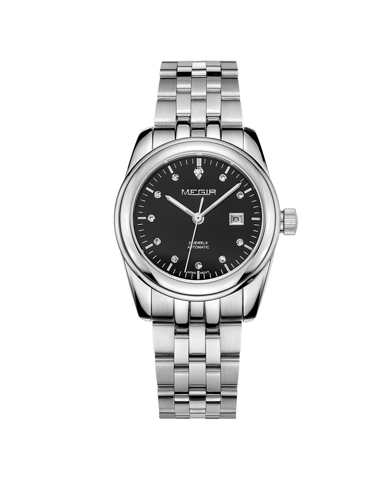 美格尔megir 水钻条钉刻度带日历情侣机械钢带手表62005