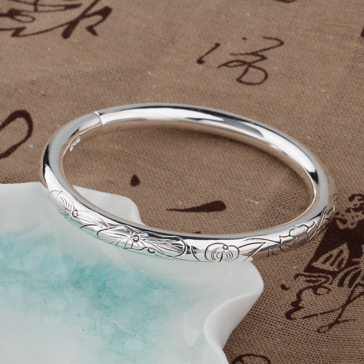 芭缇珠宝足银999圆棍荷塘月色光面手镯长辈银手镯一件代发