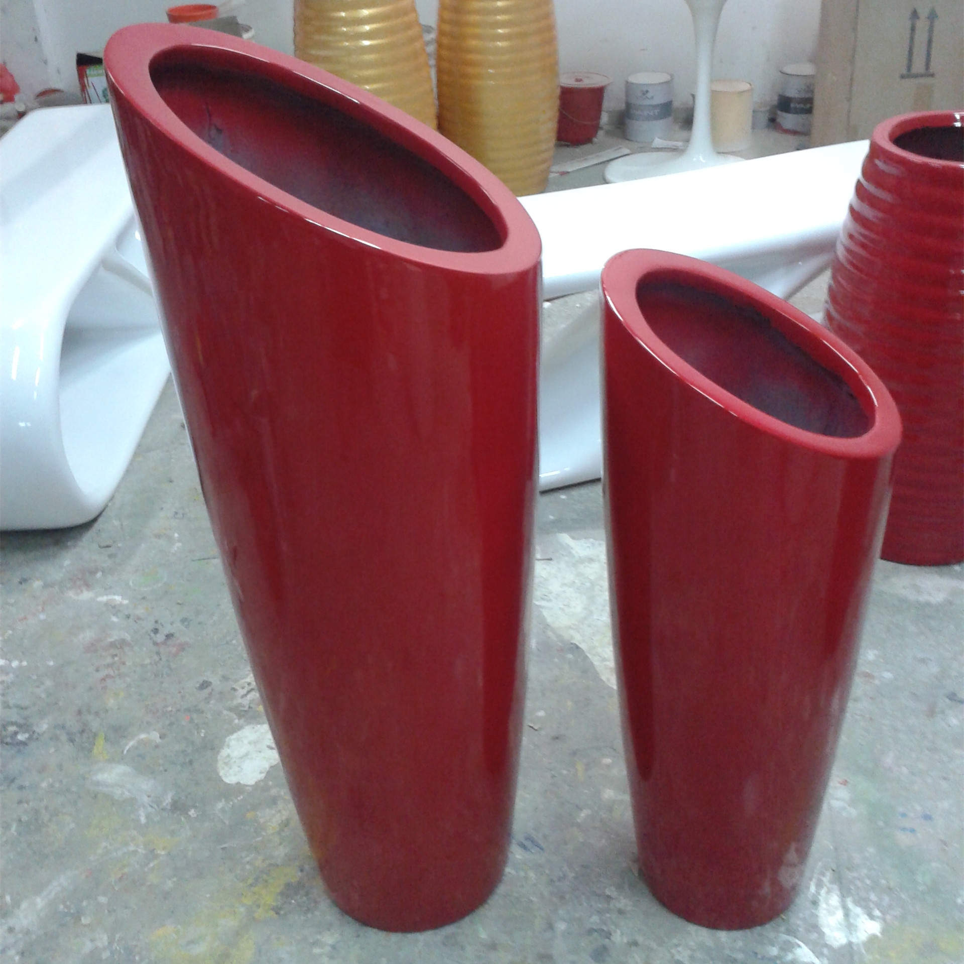 供应玻璃钢圆柱形斜口组合型花盆玻璃钢户外红色亮光花盆