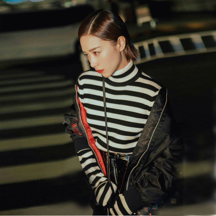 阚清子同款黑白条纹高领打底毛衣加厚长袖修身堆堆领针织上衣