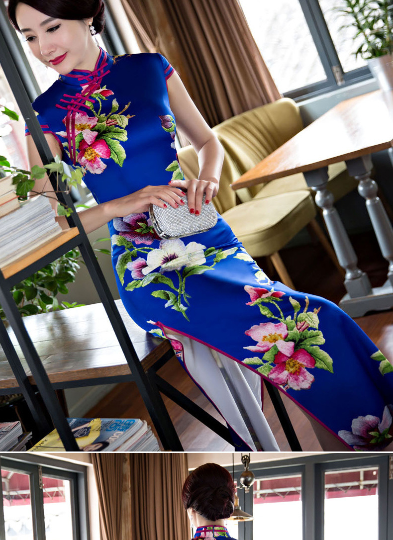 团队礼服2017新款复古改良中式民族风真丝长款旗袍连衣裙演出服装