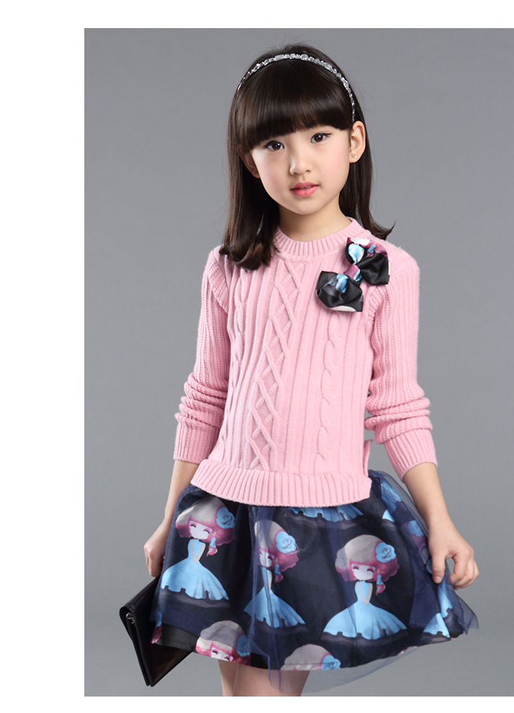 2016春季新品女童中大童韩版蝴蝶结毛线连衣裙卡奇曼一件代发