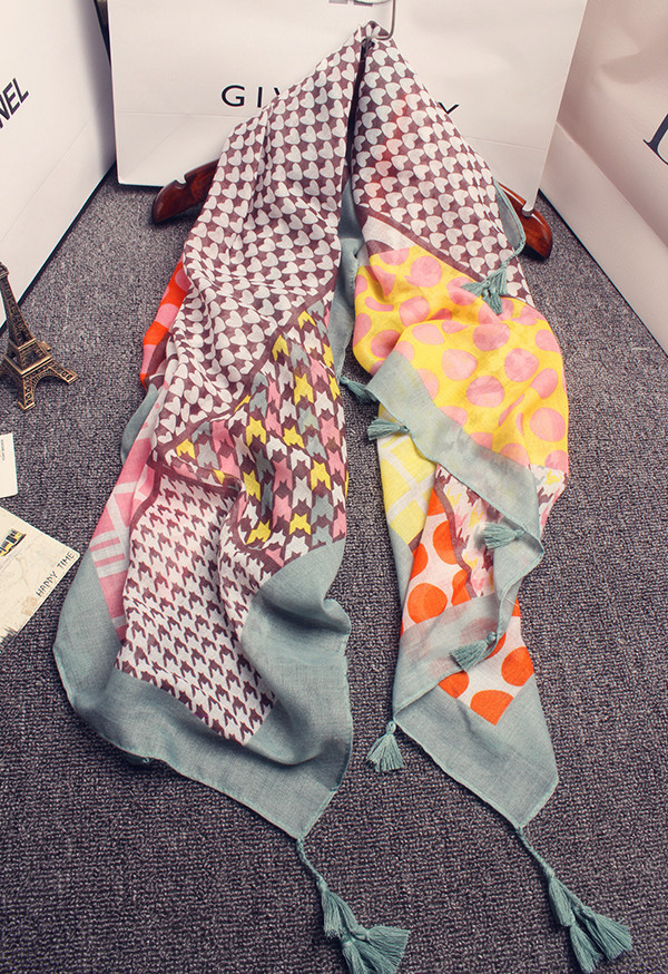 夏款防晒巾原单日系文艺圆点爱心格子千鸟格拼块挂须棉质大方巾女