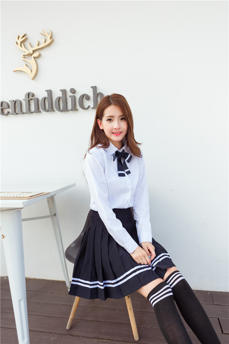 新款学院风韩版大学生校服娃娃领藏青色套装裙套装表演服jk班服