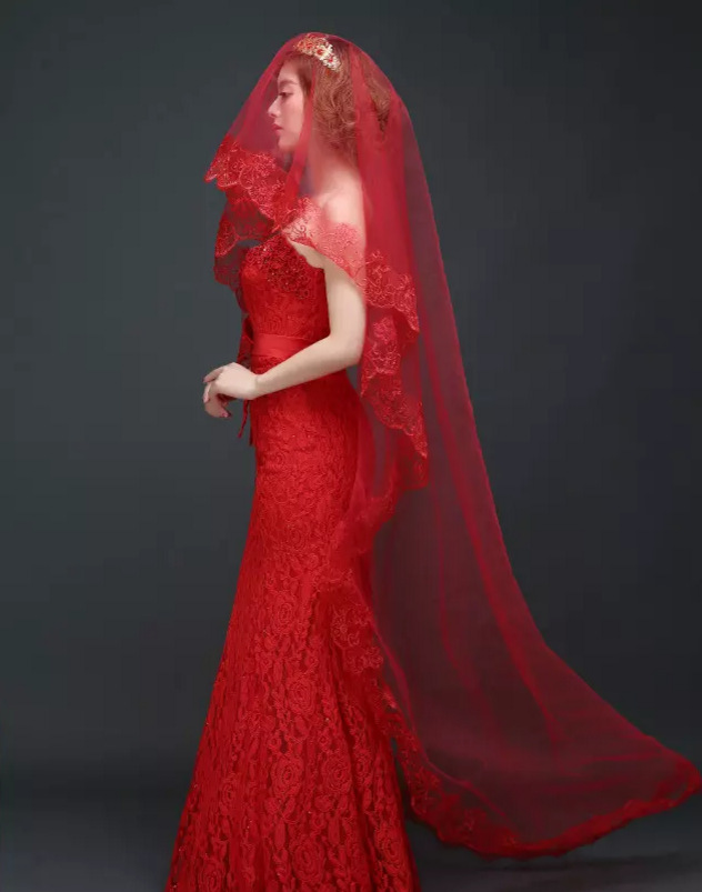 红色新娘结婚头纱韩式单层婚礼蕾丝花边婚纱配件超长拖尾头纱