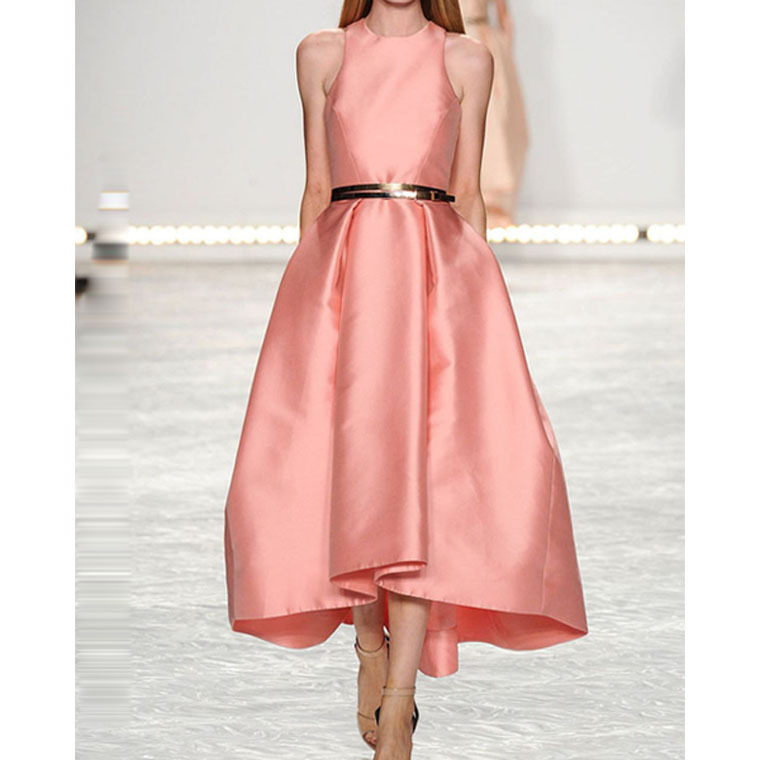 2016夏装新品欧美时尚名媛优雅气质橘粉色无袖大摆连衣长裙