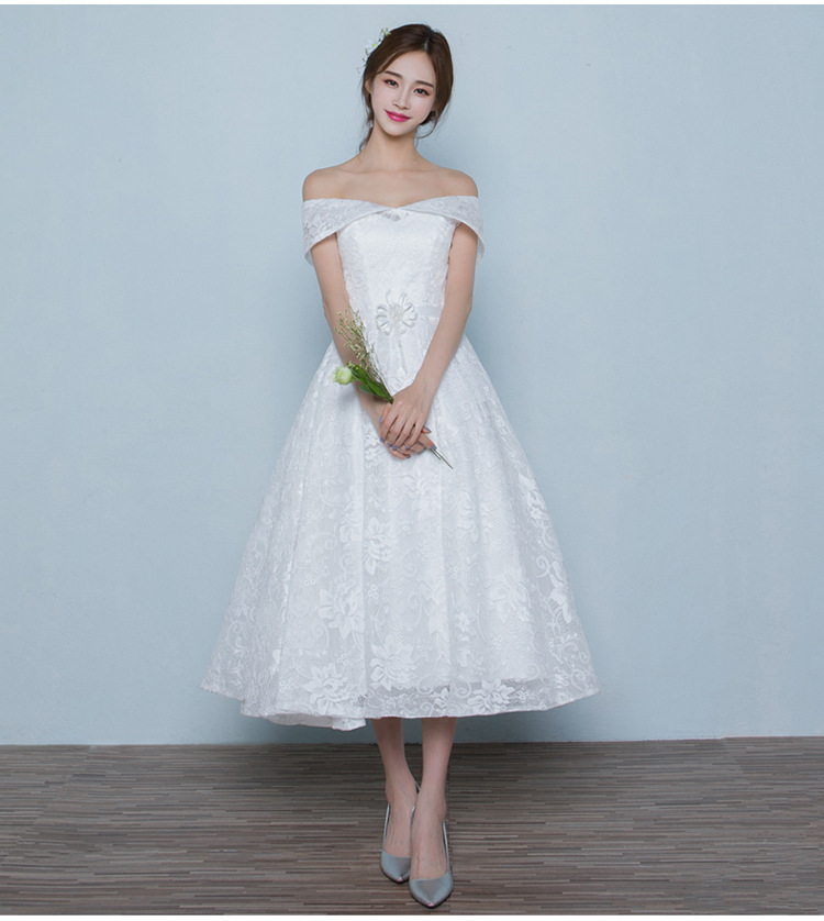 2016新款夏季白色礼服伴娘服一字肩中长款宴会生日晚礼服女装批发