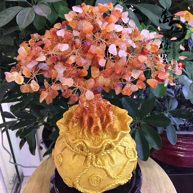 大号彩色红玛瑙招财树发财树钱袋摆件摇钱树家居酒店装饰