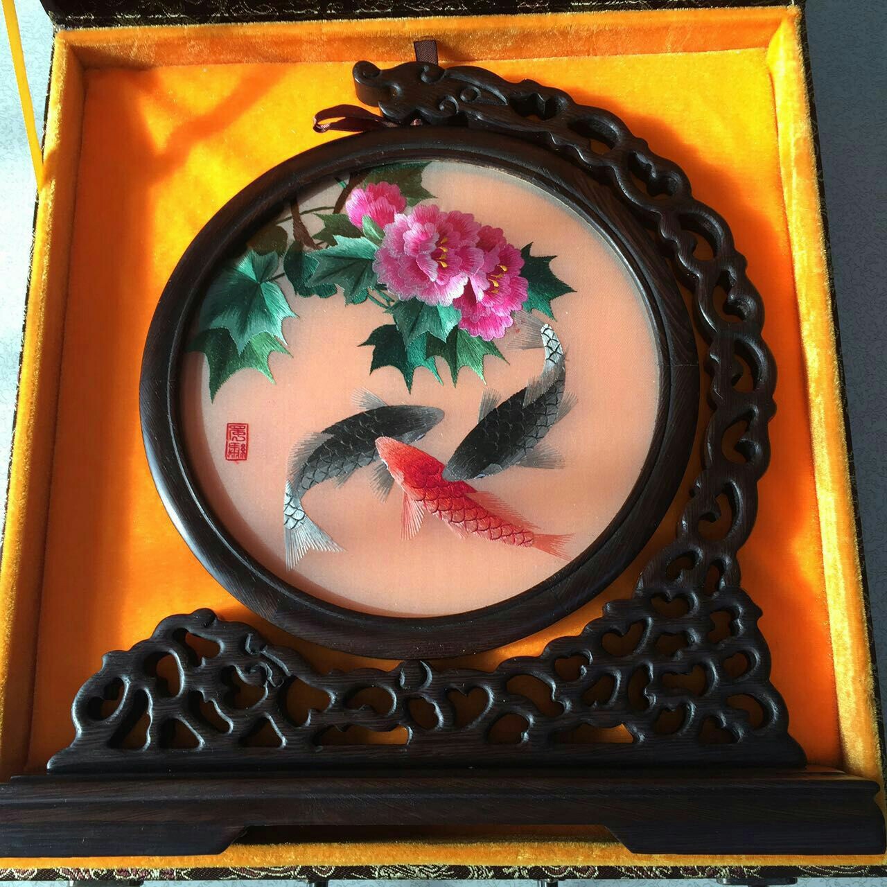 蜀绣 芙蓉鲤鱼 装饰摆件苏湘粤绣高档手工制作刺绣 工艺礼品批发