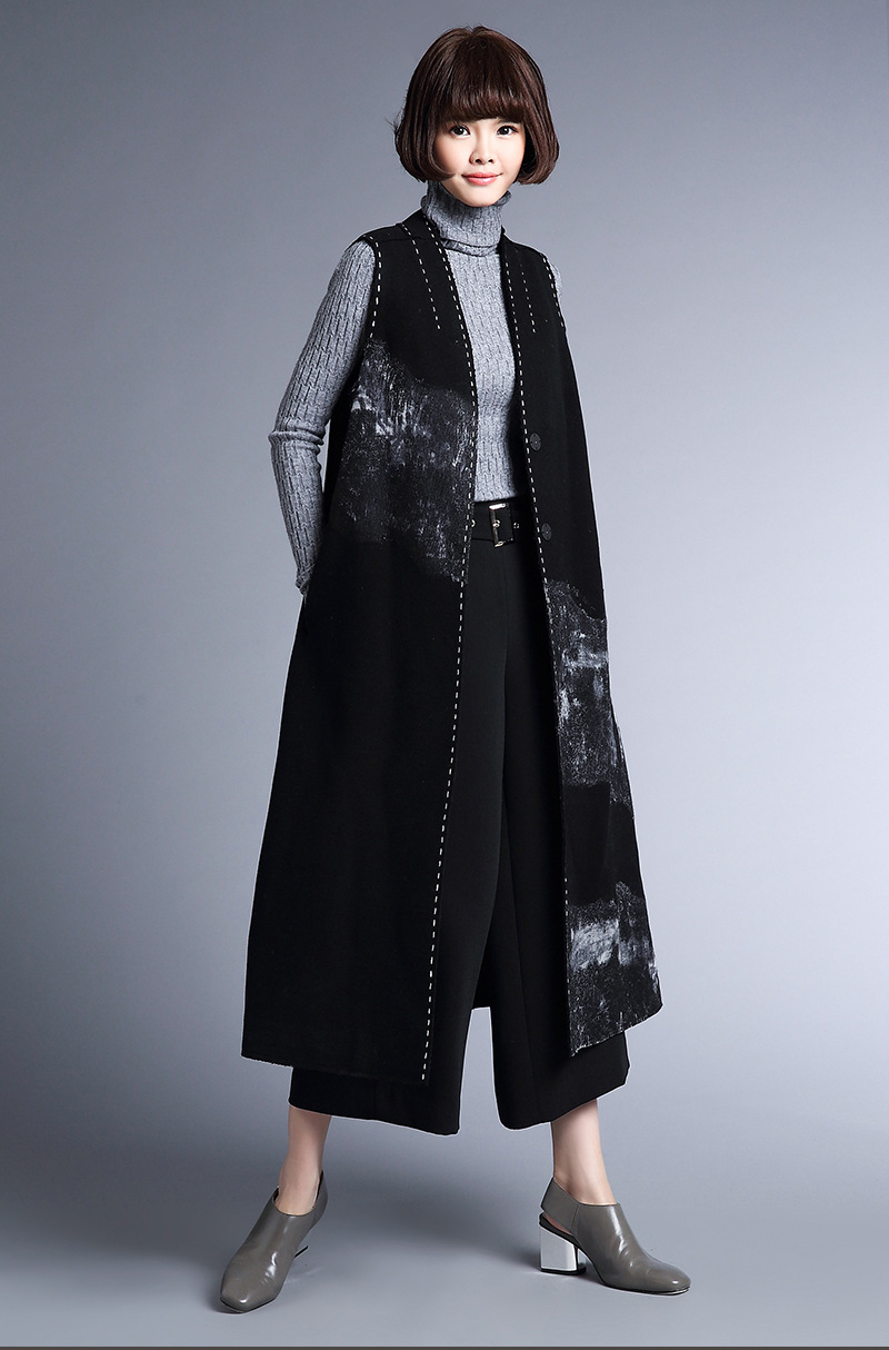 2016新款无袖毛呢风衣水墨真丝绣花文艺