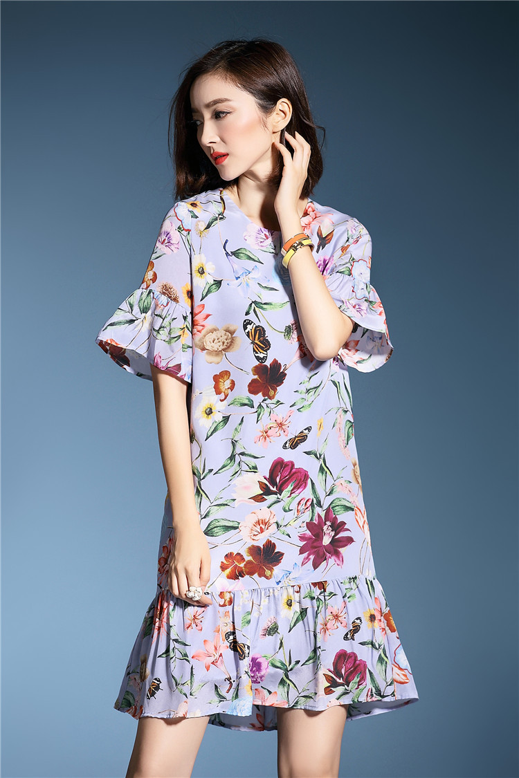 2016夏装新款大牌女装宽松大码薄款印花短袖桑蚕丝真丝连衣裙中长