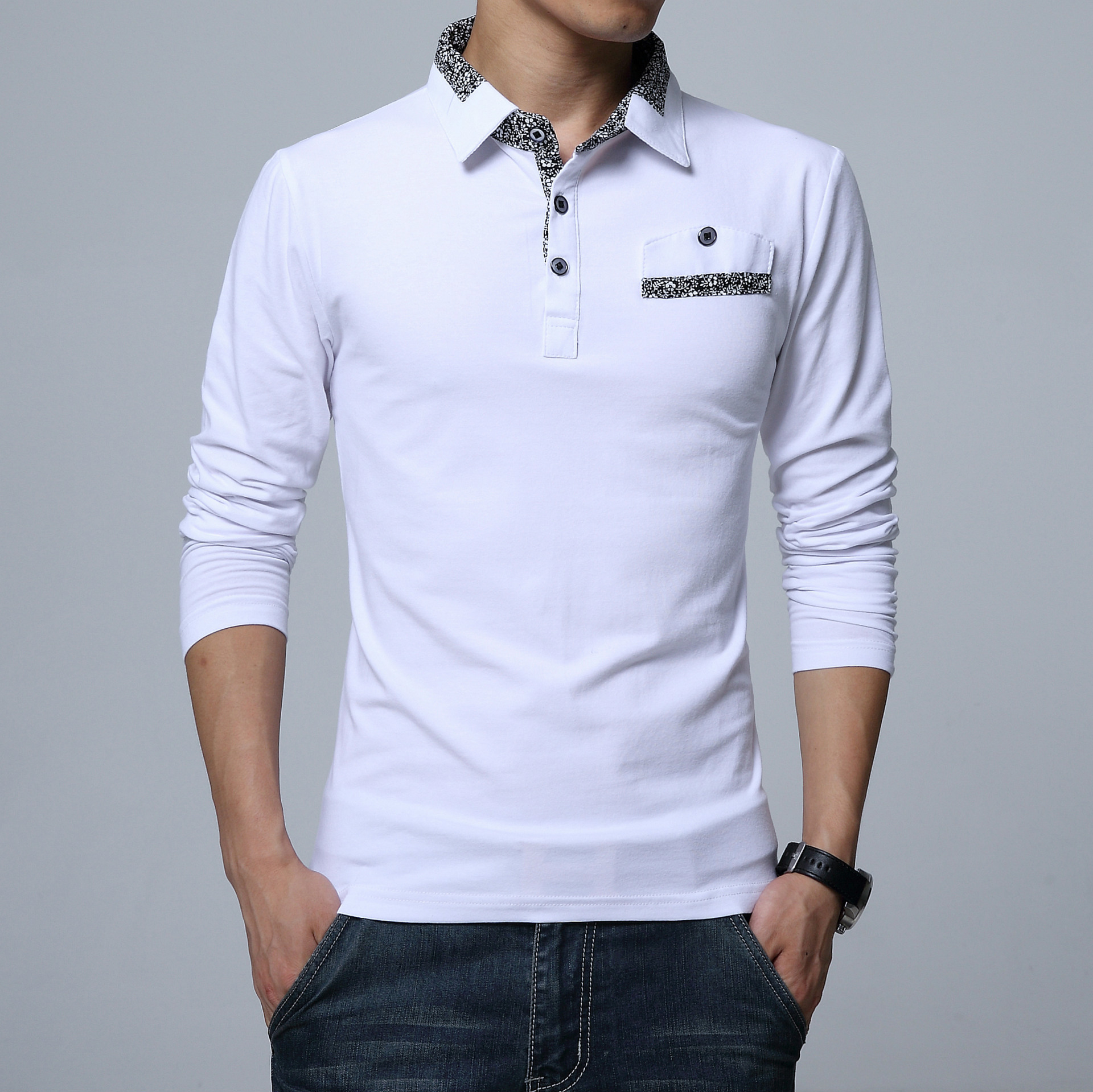 2016秋季新款男装纯棉拼接款男士长袖 休闲大码翻领纯色男式t恤