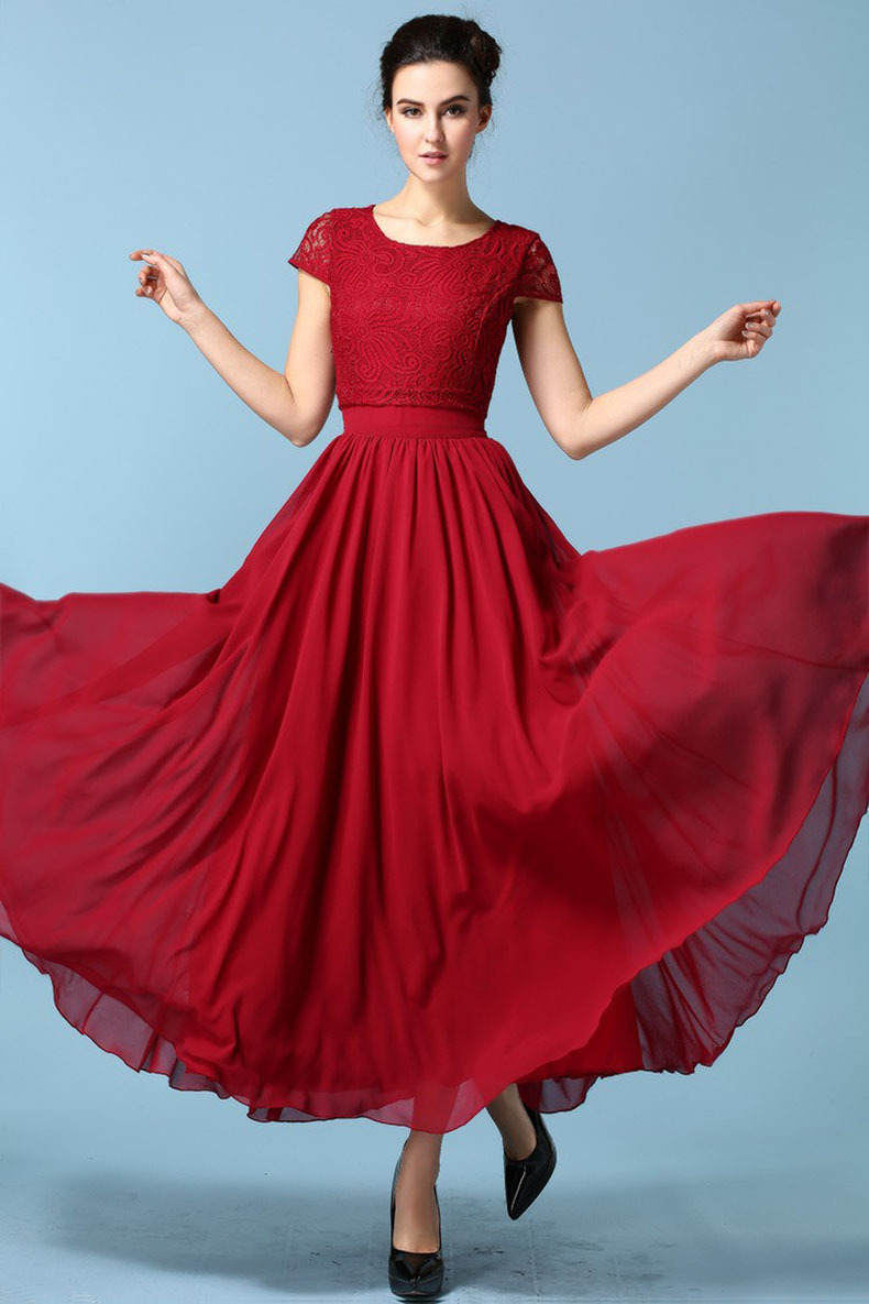 多色蕾丝雪纺连衣裙 韩版时尚简约礼服裙 纯色高腰拼接长裙批发