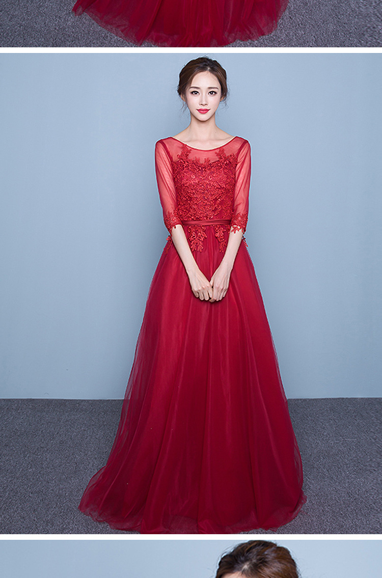 新娘敬酒服2016新款礼服女中袖礼服显瘦蕾丝红色长款结婚晚礼服春