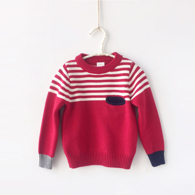 外贸童装儿童条纹撞色毛衣 男童全棉针织衫 宝宝圆领套头上衣