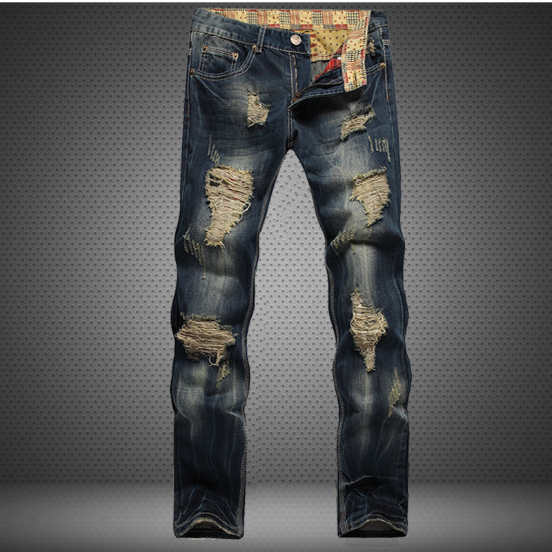   Cross-Border Supply Ripped Trendy Men's Jeans Straight Slim European and American Foreign Trade Jeans Retro Style Personality Men's Pants