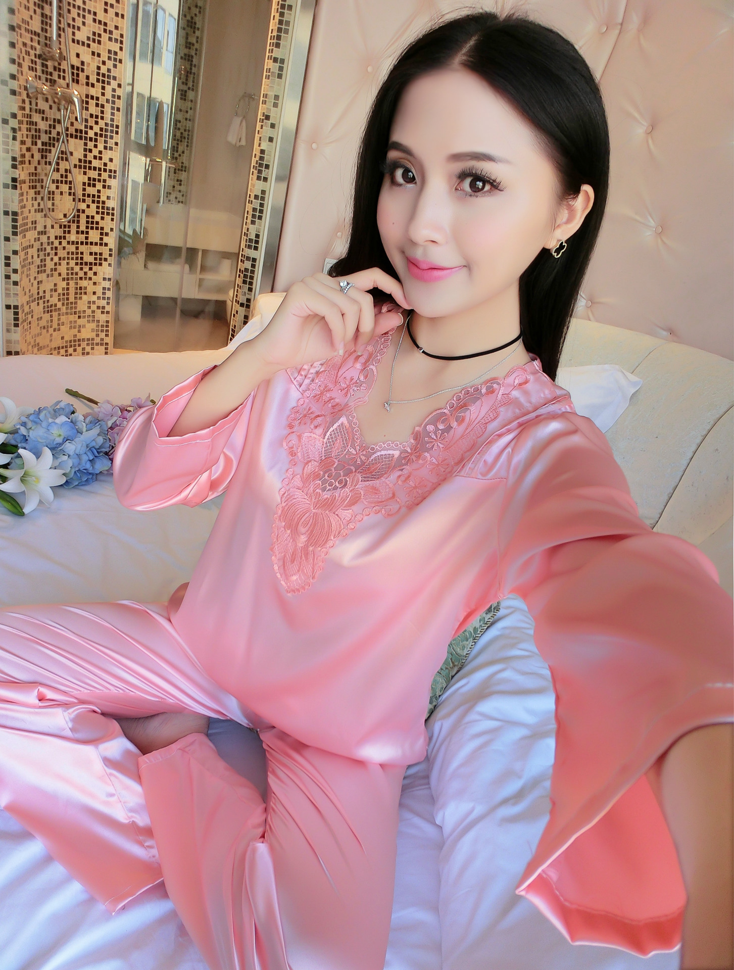 厂家批发夏季空调房仿真丝女式睡衣套装蕾丝花边长袖长裤睡衣