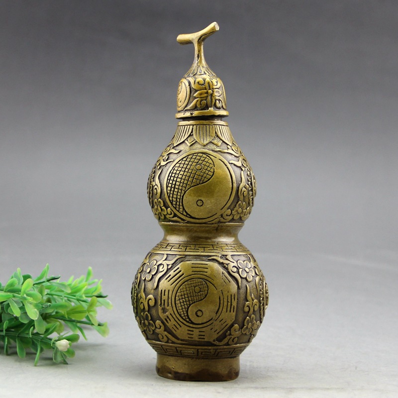 大明宣德年造风水摆件古玩铜器工艺品黄铜镇之宅宝八卦开盖铜葫芦