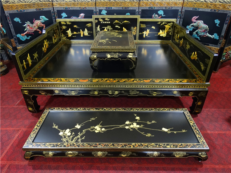 锦福隆定制新中式手绘漆器家具中国风罗汉床