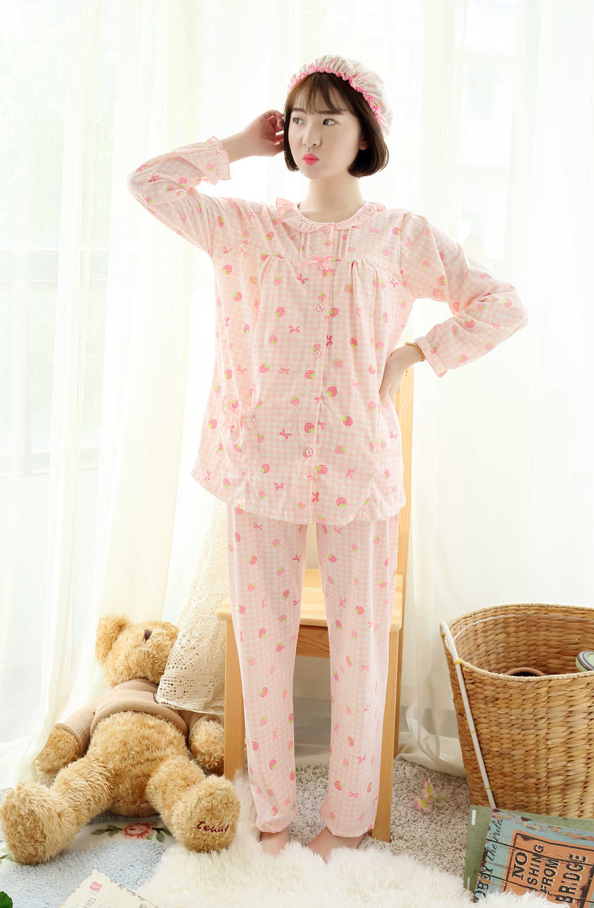 长袖哺乳韩版孕妇棉质睡衣女可爱开衫月子服睡衣套装批发居家服