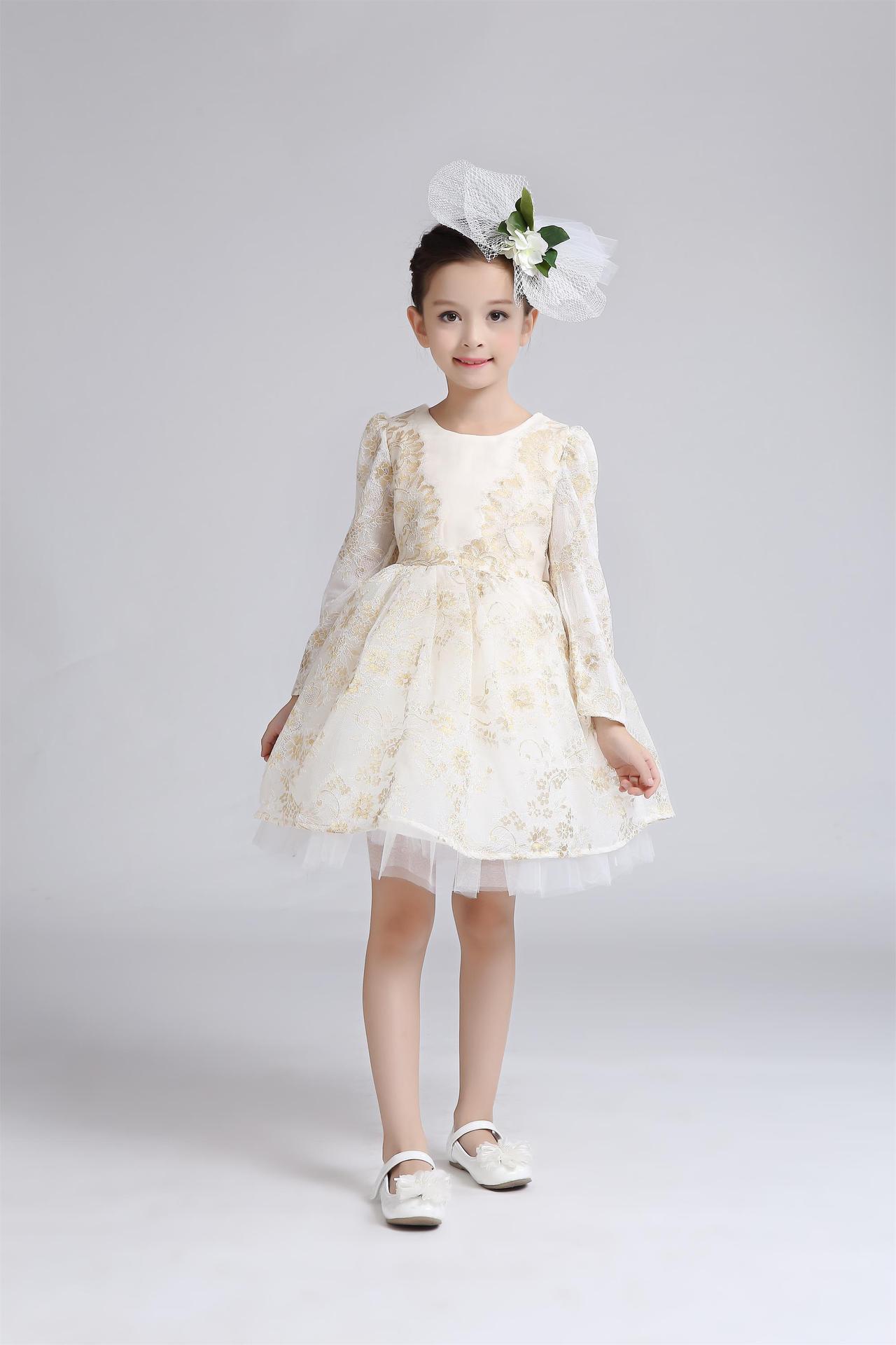 2016秋款新款 儿童礼服裙 女童装童裙上新 高档金丝香槟色公主裙